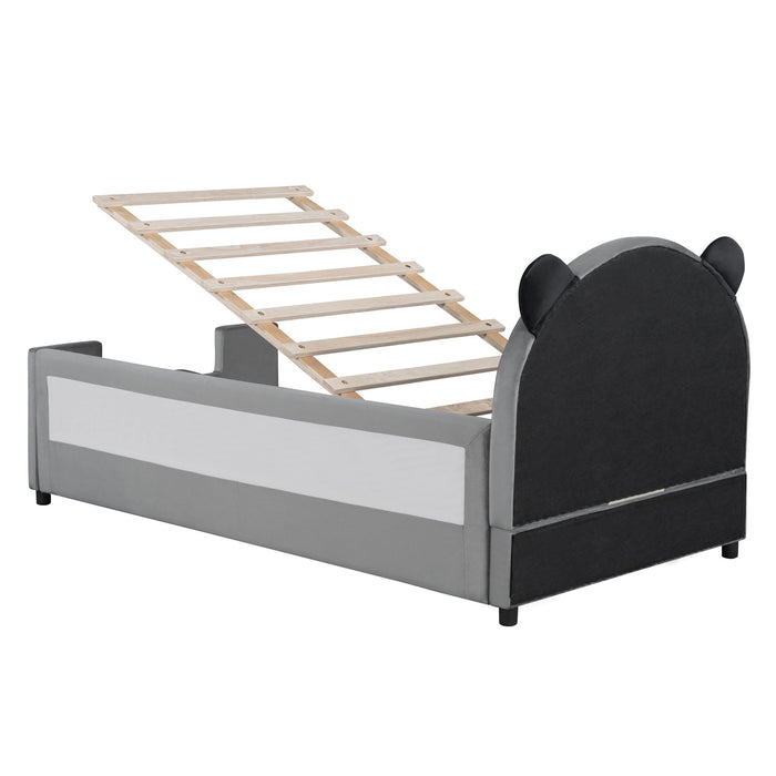 Upholstered Daybed With Bear Shaped Headboard, Hydraulic System And Breathable Mesh Fence