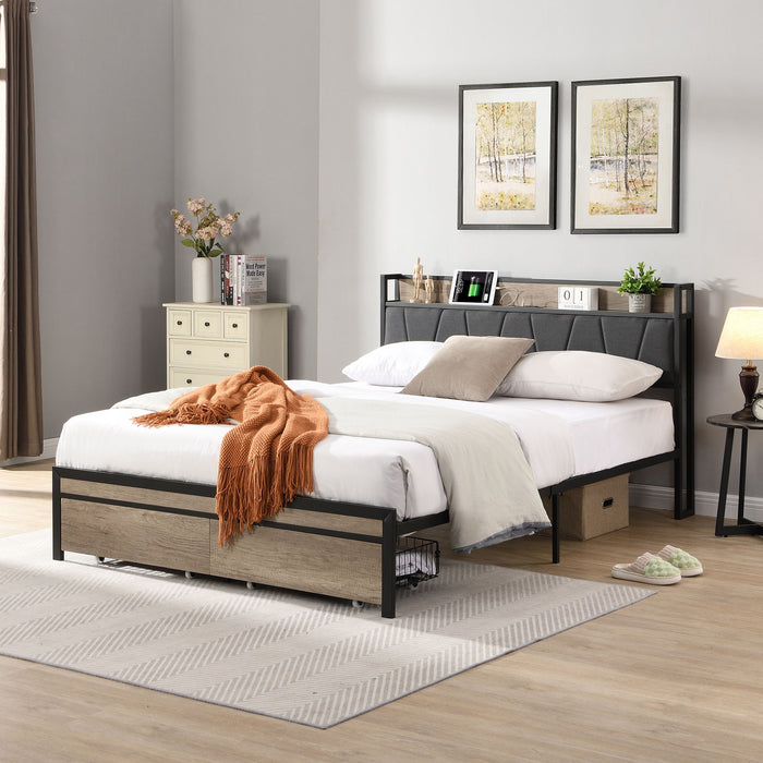 Modern Platform Bed Frame With Upholstered Storage Headboard, USB Ports