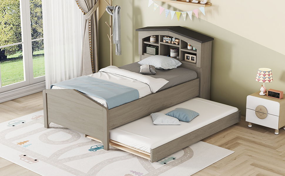 Twin Size Wood Platform Bed With House Shaped Storage Headboard And Trundle, Gray