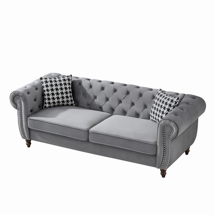 Chesterfield 3 And 2 Seater Velvet Upholstery Sofa With Roll Armrest & Nailhead Fabric Couch