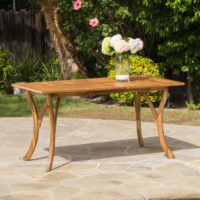 Outdoor Rectangular Table With Curved Legs And Perpendicular Wooden Slats Table Top
