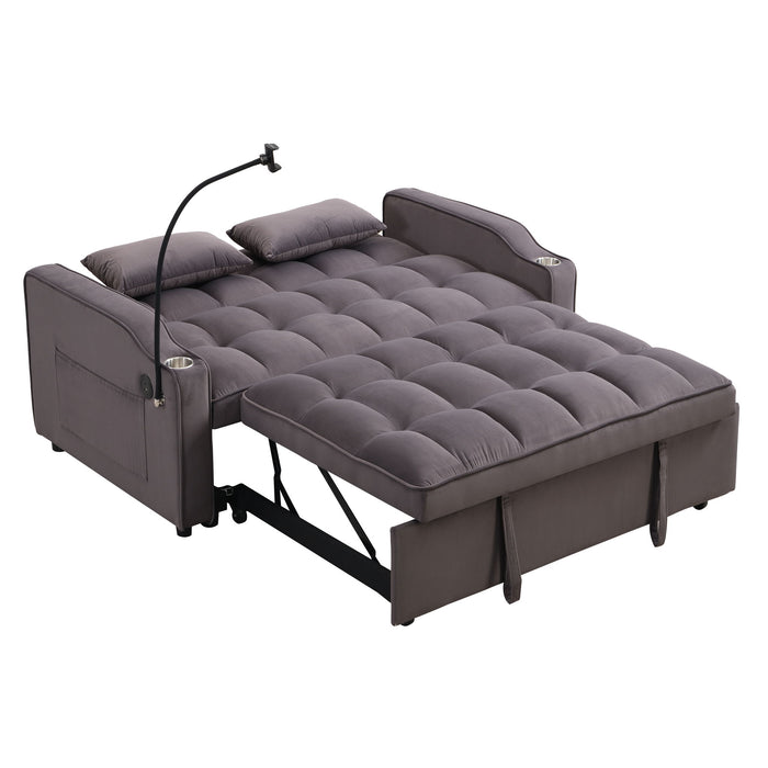 Modern Velvet Loveseat With Pullout Bed, Adjustable Reclining Backrest