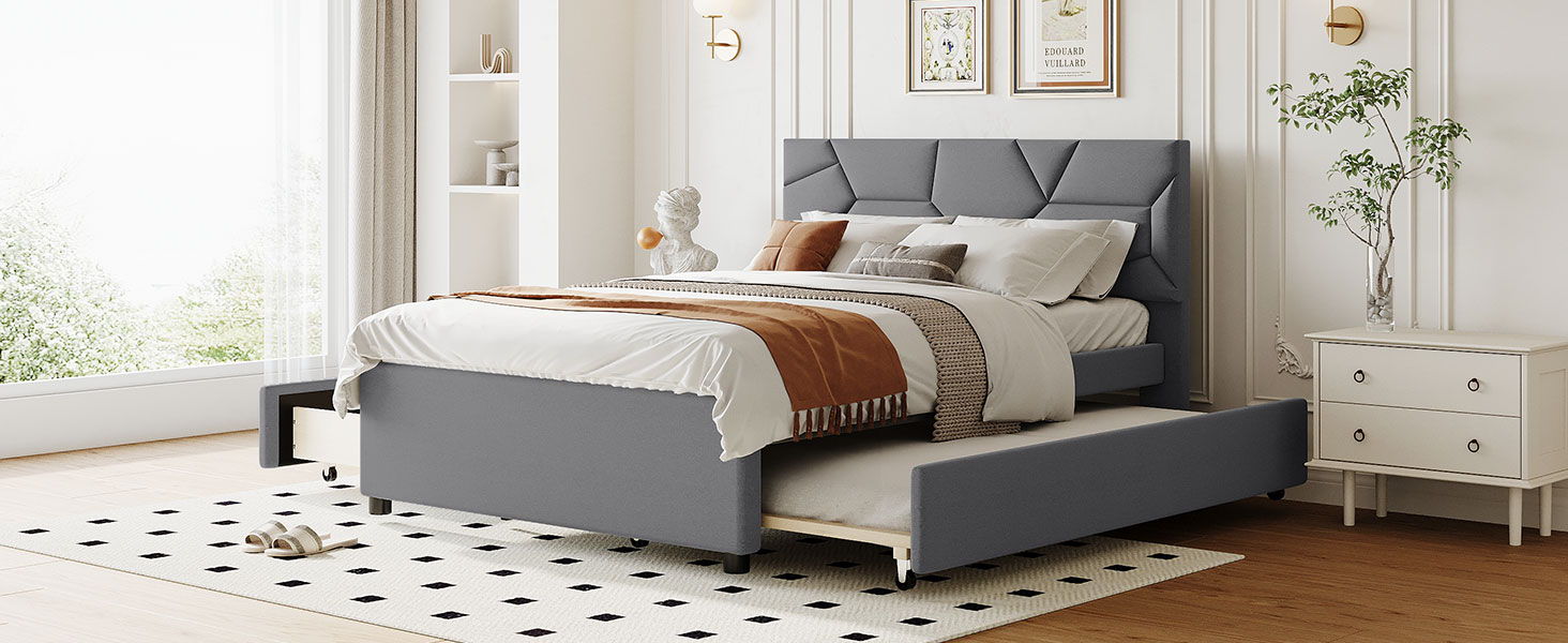 Upholstered Platform Bed With Brick Pattern Headboard And Twin Long Size Trundle