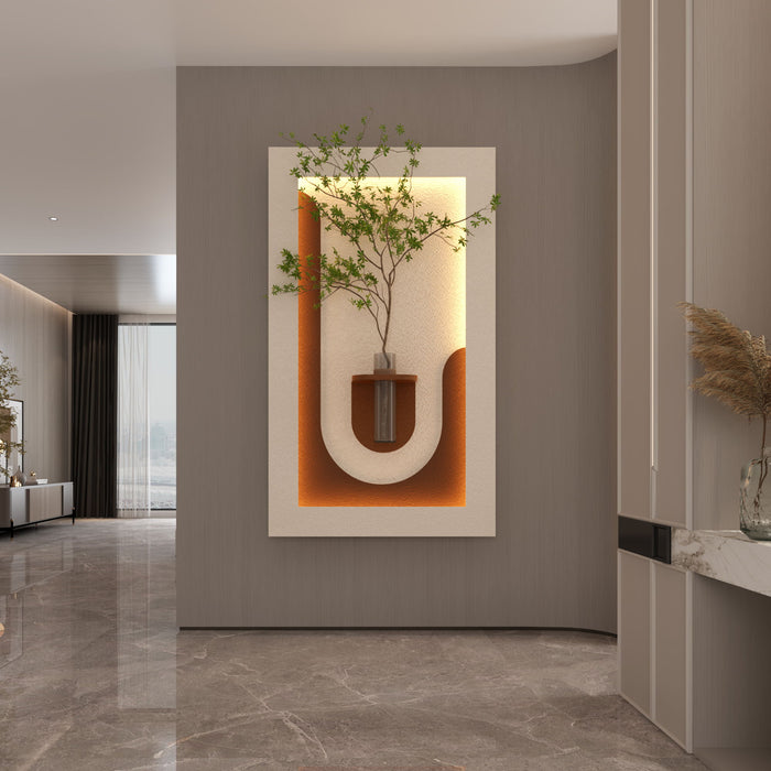 Adjustable 3 Color LED Sandstone Wall Decor With Simulated Plants, Vase & Rabbit Statue - Light Coffee