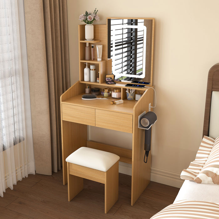 Vanity Table With LED Mirror, Power Outlet, Hairdryer Holder & Padded Stool, Compact Dressing Desk For Small Bedrooms - Wood