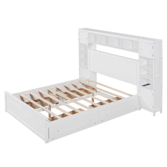 Queen Size Wooden Bed With All In One Cabinet, Shelf And Sockets - White