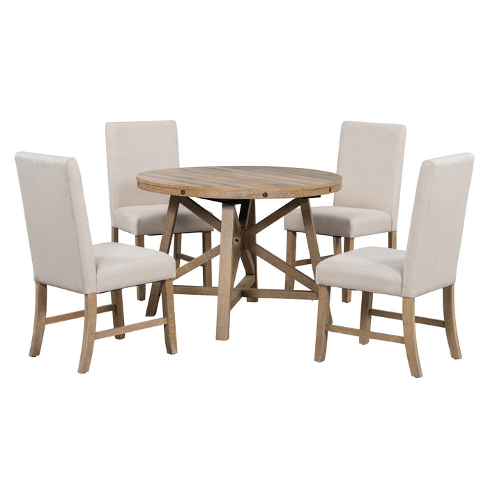 Trexm 5 Piece Retro Functional Dining Set With Extendable Round Table With Removable Middle Leaf And 4 Upholstered Chairs For Dining Room And Living Room (Natural Wood Wash)