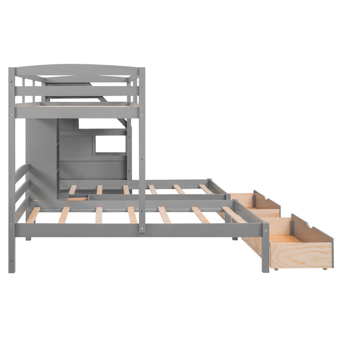 Twin Over Twin & Twin Bunk Bed With Drawers, Staircase Storage, Built In Shelves - Gray
