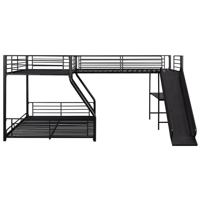 L-Shaped Twin Over Full Bunk Bed With Twin Loft, Built In Desk And Slide - Black