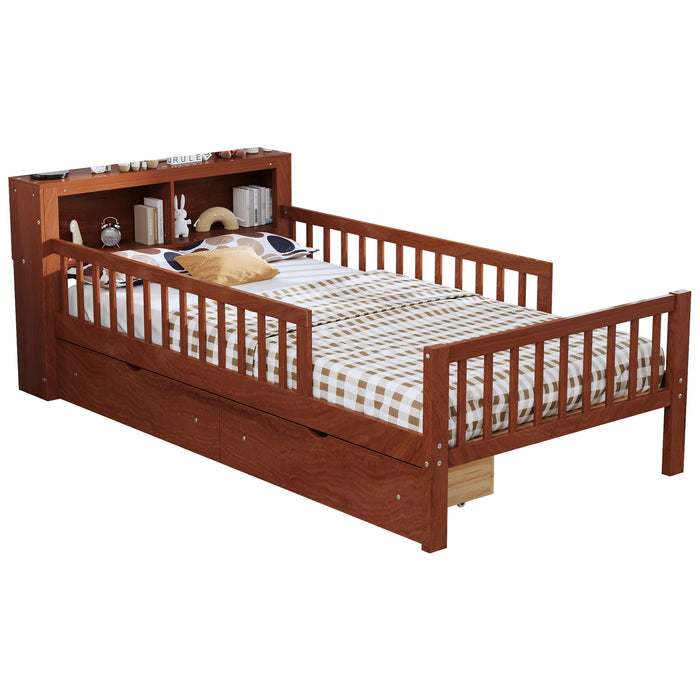 Bed With Headboard Storage Rack, 2 Under Bed Drawers, 3 Side Guardrails For Safety