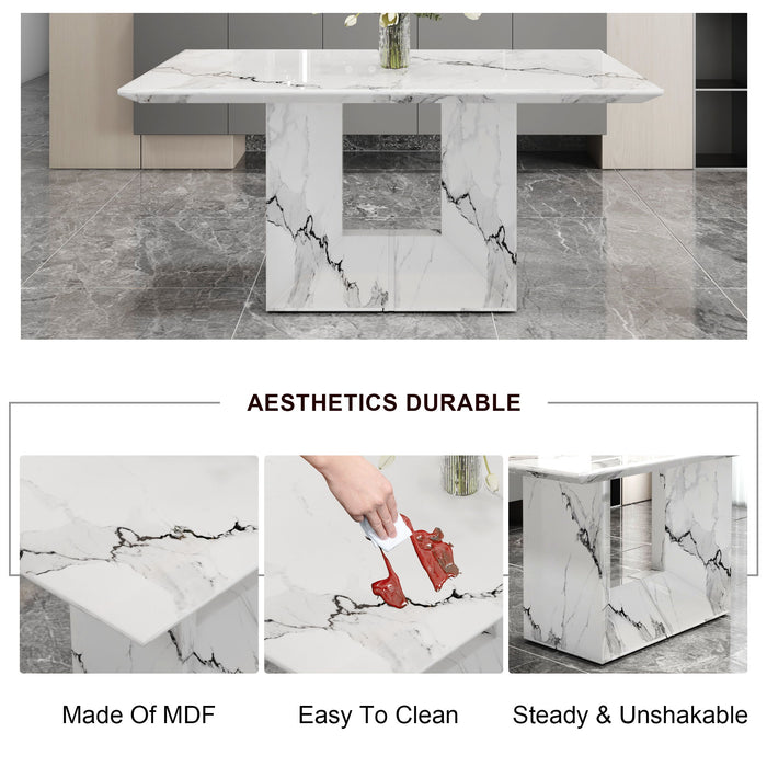 A Simple Dining Table. Dining Table With A White Marble Pattern. 6 PU Synthetic Leather High Backrest Cushioned Side Chairs With C-Shaped Silver Metal Legs
