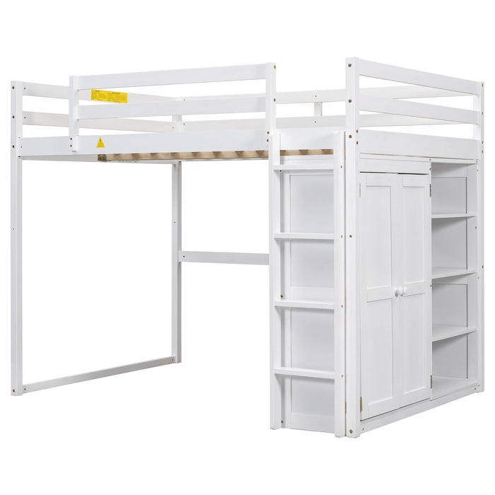 Loft Bed With Built In Wardrobe, Storage Shelves, And LED Light