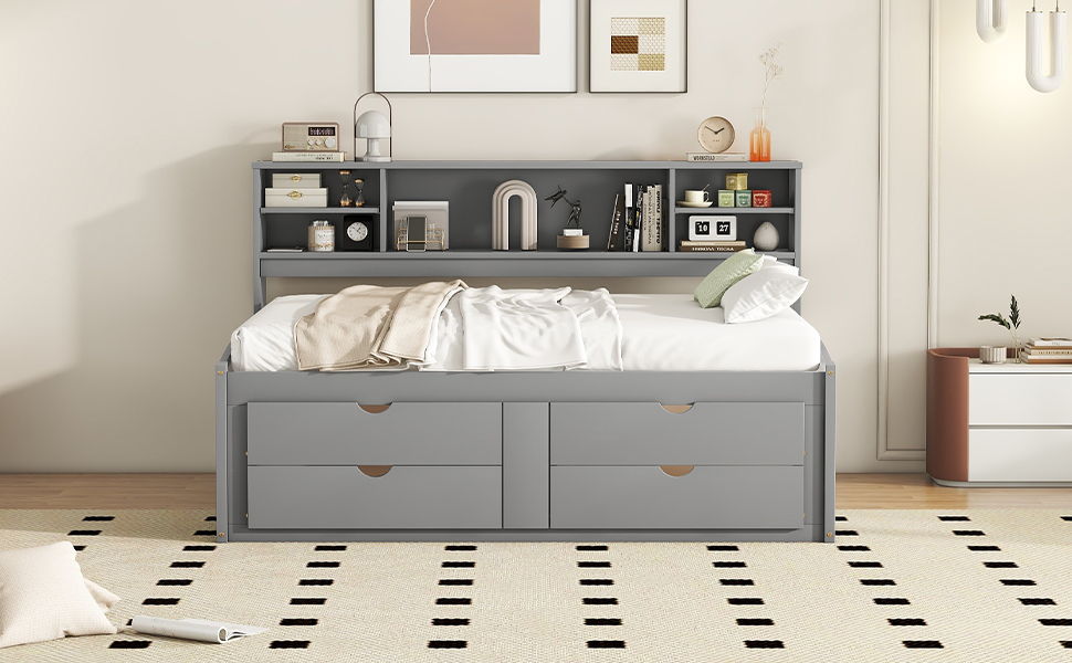 Daybed With 2 Bedside Cabinets, Upper Shelves And 4 Drawers