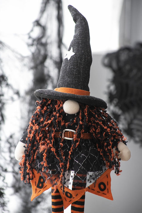 Standing Gnome With Banner & Spring Body, For Halloween Decor - Black / Orange / White