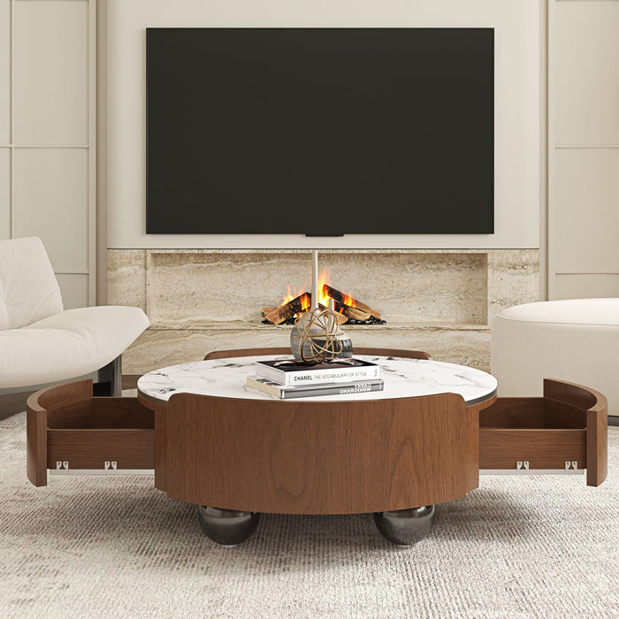 Round Coffee Table With Ball Feet, Dual Storage Drawers For Living Room - Walnut Brown