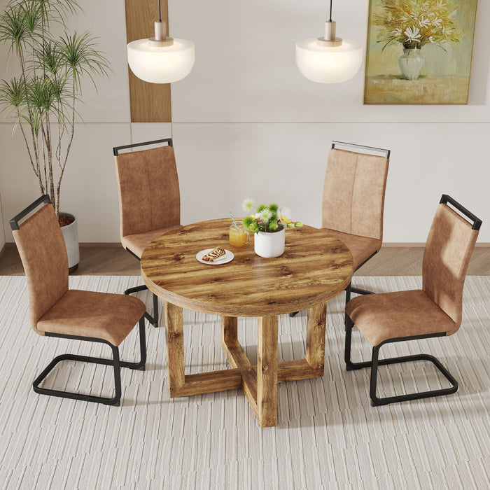 A Modern And Practical Circular Dining Table. Made Of MDF Tabletop And Wooden MDF Table Legs. 4 Piece Technology Cloth High Backrest Cushion Side Chair, C-Shaped Tube Black Metal Legs