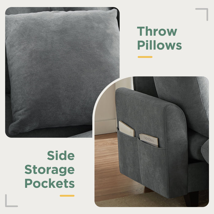 Upholstered L Shaped Sectional Sofa With Storage, Movable Ottoman, And 6 Throw Pillows