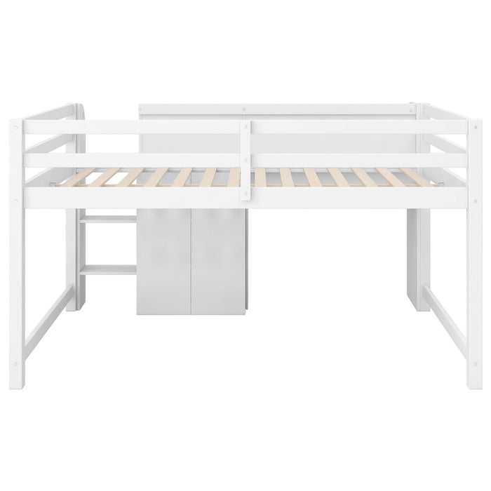 Low Loft Bed With Built In Desk, Storage Cabinets, Open Bookcase And Doodle Blackboard