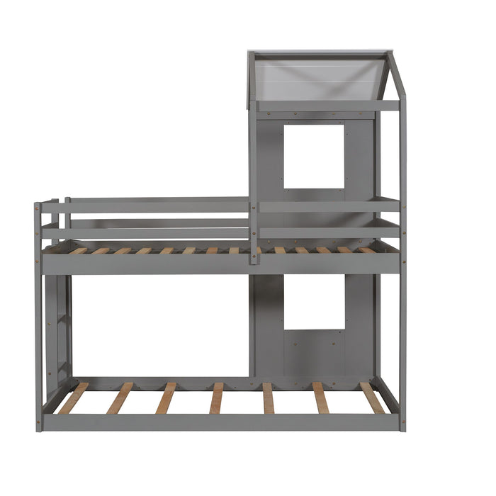 Bunk Bed Wood Bed & Roof, Window, Guardrail, Ladder
