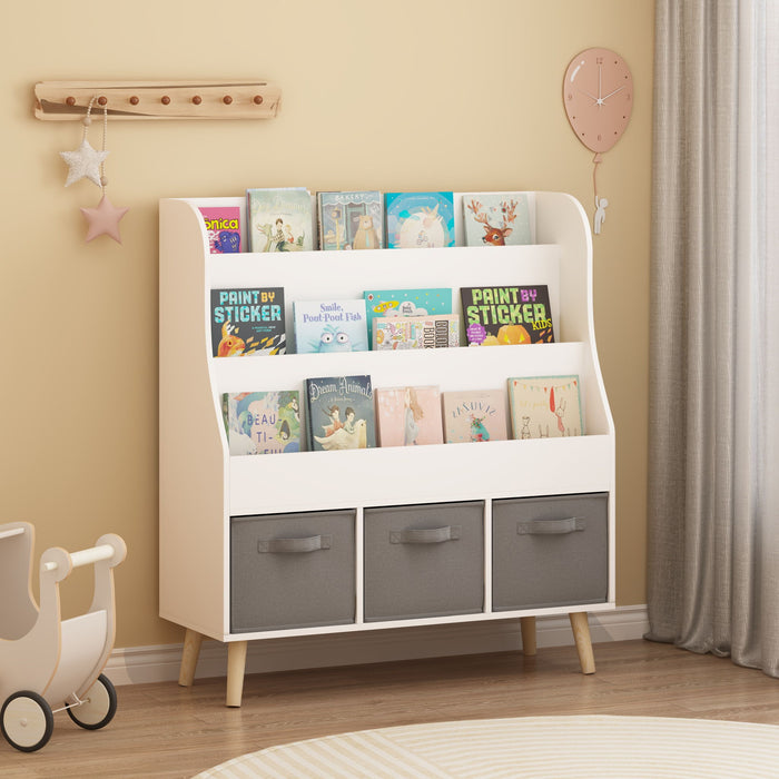 Bookshelf With 3 Storage Bins, Book Display Organizer, Front Facing Book Rack - White