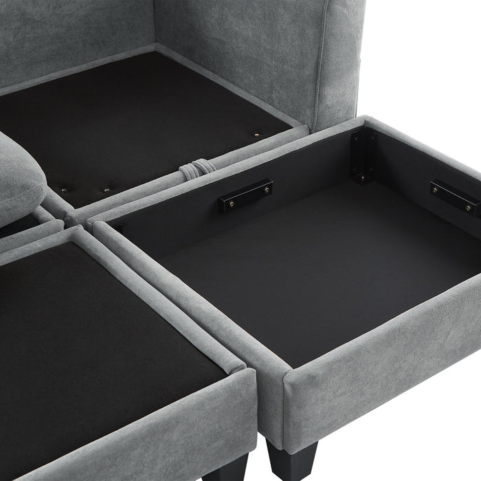 Upholstered L Shaped Sectional Sofa With Storage, Movable Ottoman, And 6 Throw Pillows