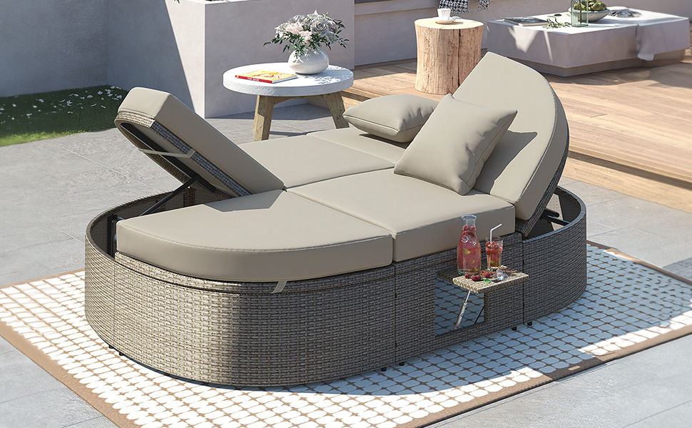 Topmax Outdoor Sun Bed Patio 2-Person Daybed With Cushions And Pillows, Rattan Garden Reclining Chaise Lounge With Adjustable Backrests And Foldable Cup Trays For Lawn, Poolside, Gray