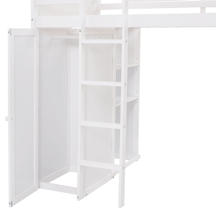Loft Bed With A Stand Alone Bed, Shelves, Desk, And Wardrobe