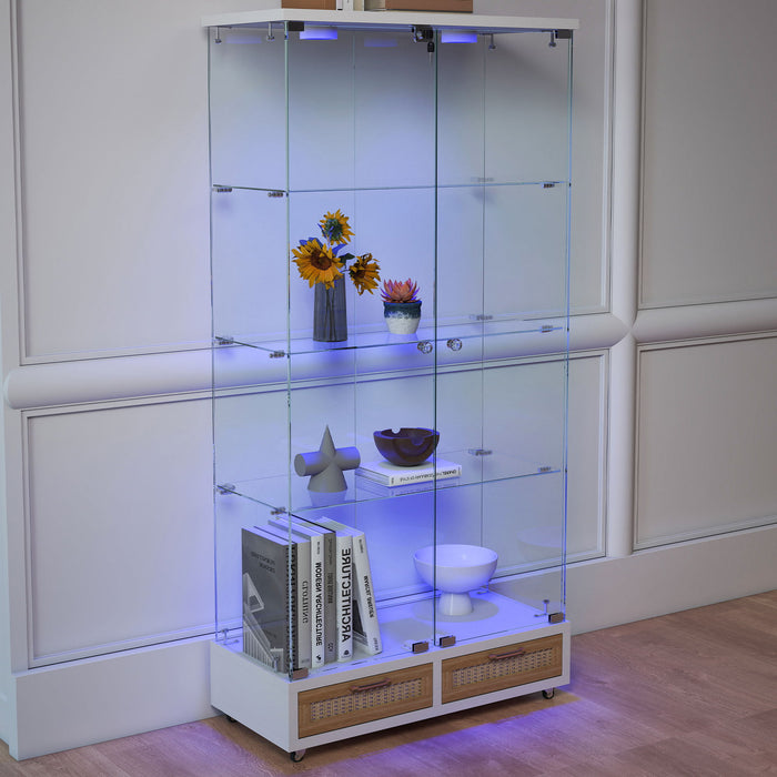 Glass Display Cabinet With LED Lights, Tempered Glass Doors, Large Drawers, 2 Door Storage Case With 4 Shelves - Natural / White