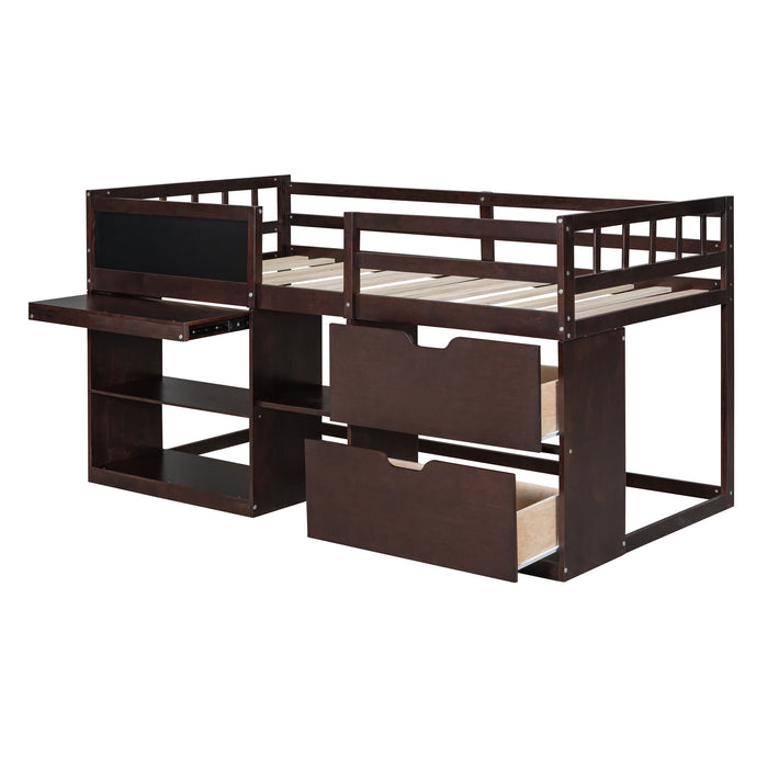 Low Loft Bed With Rolling Desk, Shelf And Drawers