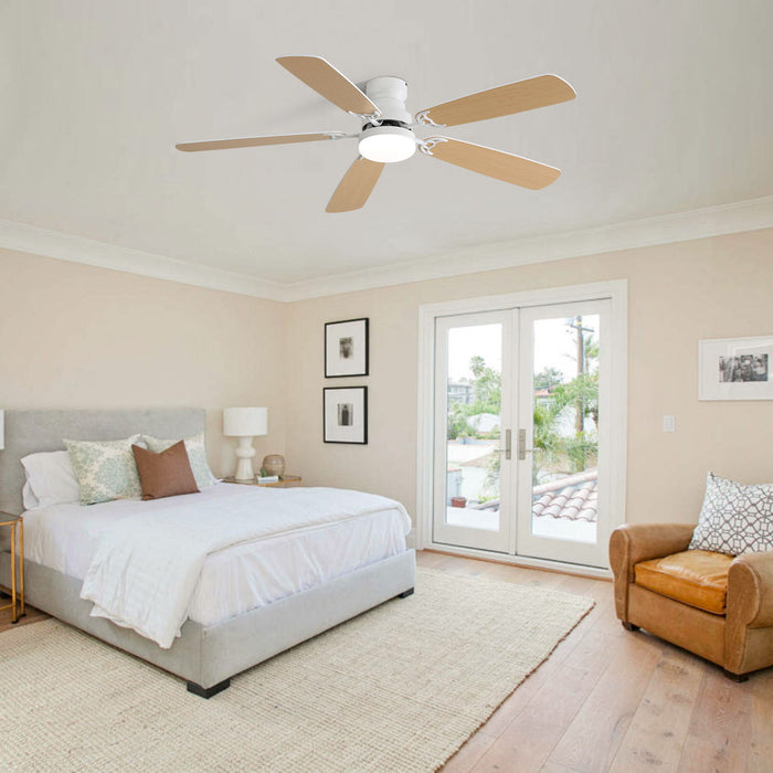 52" DC Motor Ceiling Fan With LED Light, 6 Speed Remote Control, Reversible Blades For Living Room - White
