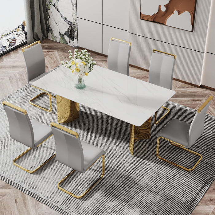 Modern Minimalist Dining Table The White Imitation Marble Glass Desktop Is Equipped With Golden Metal Legs Suitable For Restaurants And Living Rooms