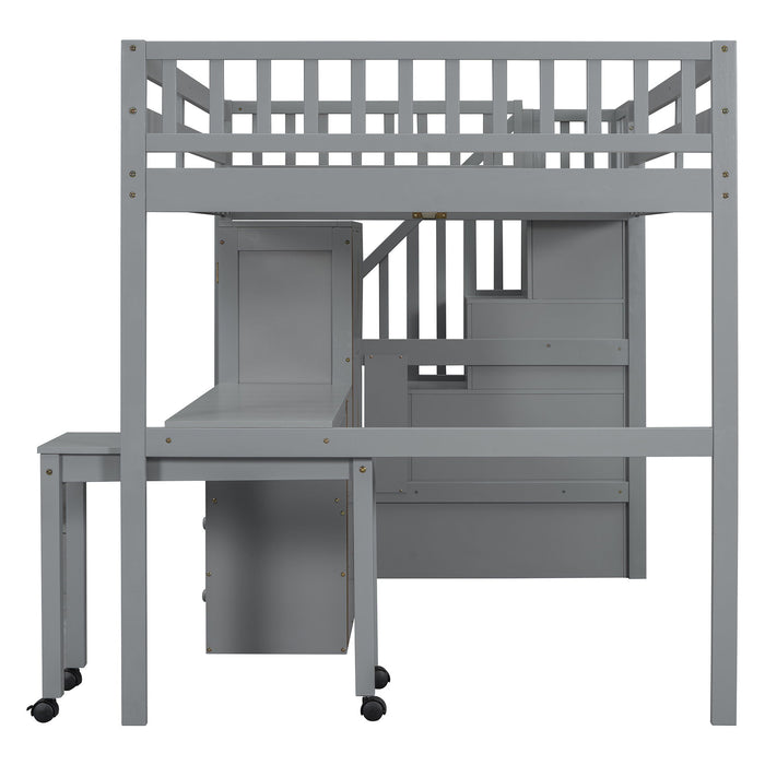 Loft Bed With Stairs, Bookshelf, Drawers, Desk & Wardrobe, Space Saving Multifunctional Furniture