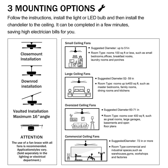 52" Crystal Shade Ceiling Fan Lamp, 3 Speed, 4 Timing, 5 Reversible Blades Crystal Ceiling Fan, 5 Pieces X E12 (No Include Bulb), Hand Pull Chain - Matte Black