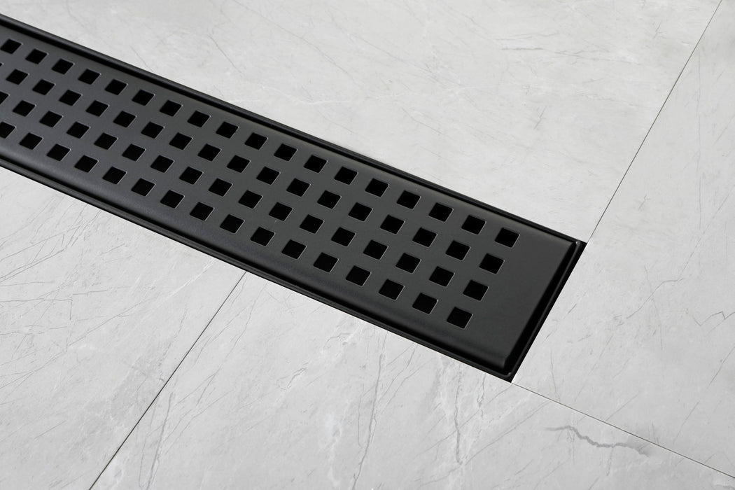 28 Inches Linear Shower Drain With Removable Quadrato Pattern Grate, Drain Included Hair Strainer And Leveling Feet
