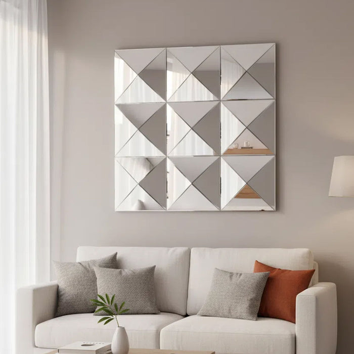 3D Beveled Wall Mirror With Frame, Large Square Design For Living Room - Silver