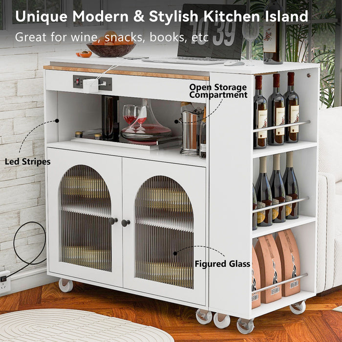 K & K Rolling Kitchen Island With Extended Table, Kitchen Island On Wheels With LED Lights, Power Outlets And 2 Fluted Glass Doors, Kitchen Island With A Storage Compartment And Side 3 Open Shelves, White
