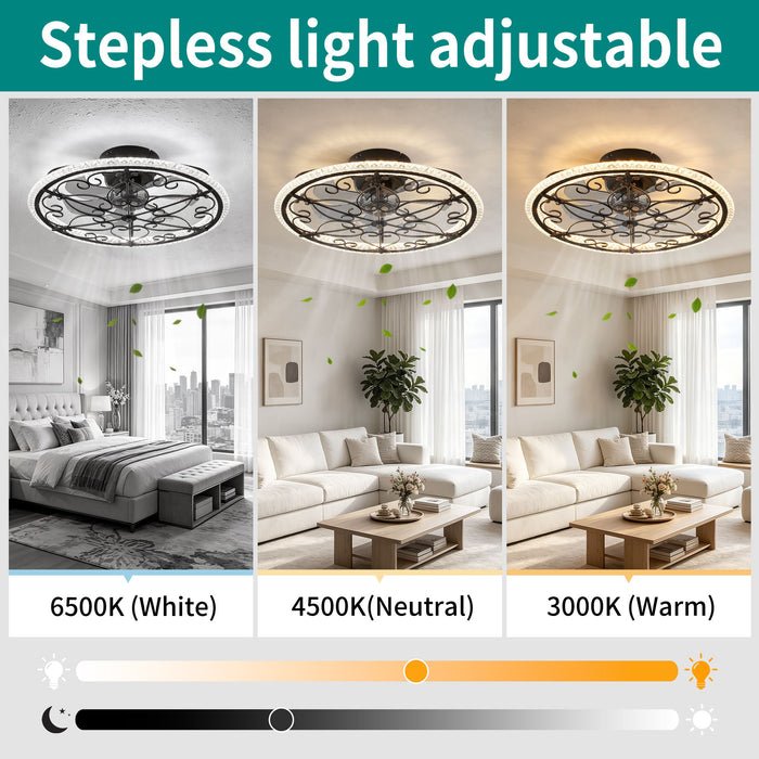 Caged Ceiling Fan With Remote Controlled LED Light - Matte Black