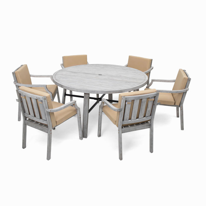 6 Person Outdoor Wooden Dining Set With Umbrella Hole And Removable Cushions For Patio - Gray