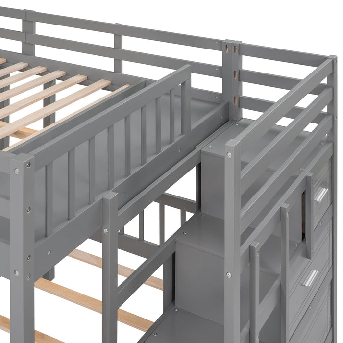 Multifunctional Triple Bunk Bed With Drawers And Guardrails