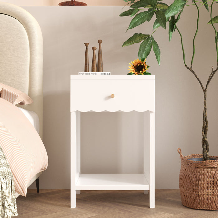 Nightstand With Drawer And Open Shelf, Scalloped Edge Bedside Table For Bedroom - White