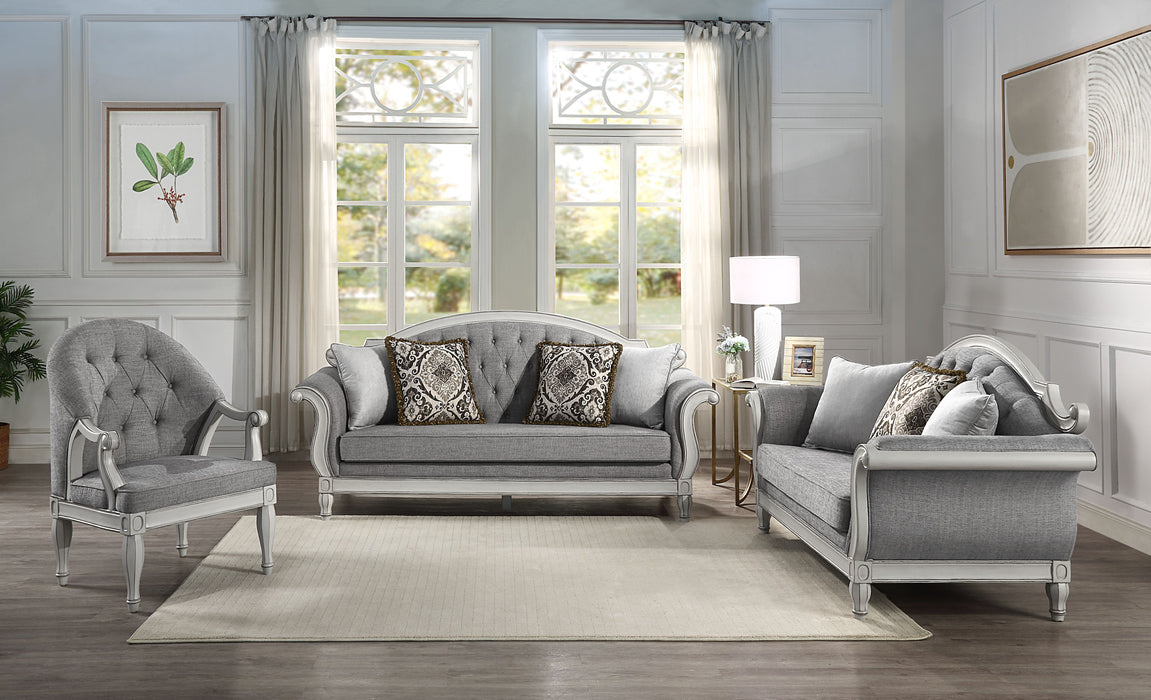 Acme Florian Loveseat With 3 Pillows, Gray Fabric & Antique White Finish