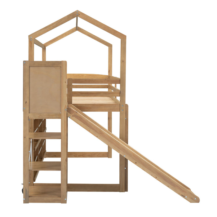 House Loft Bed With Slide, Storage Shelves And Light, Climbing Ramp