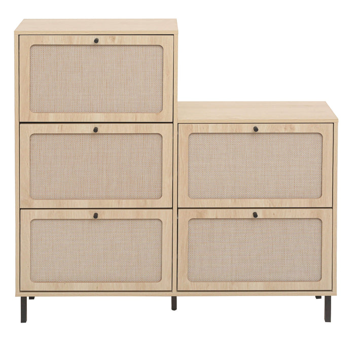 Modern Rattan 5 Door Shoe Storage Cabinet For Entryway Freestanding Design - Natural