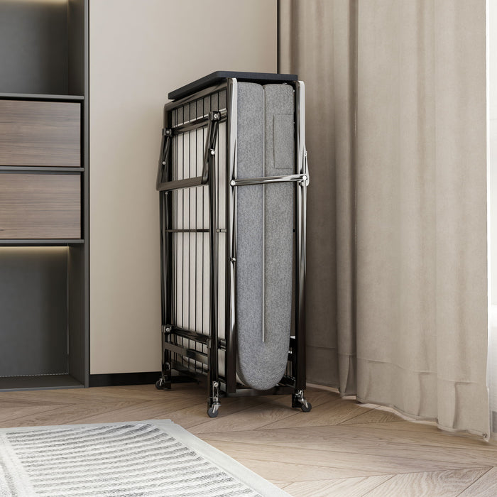 Modern Metal Folding Bed Frame With Foam Mattress, Easy Storage & Mobility - Black