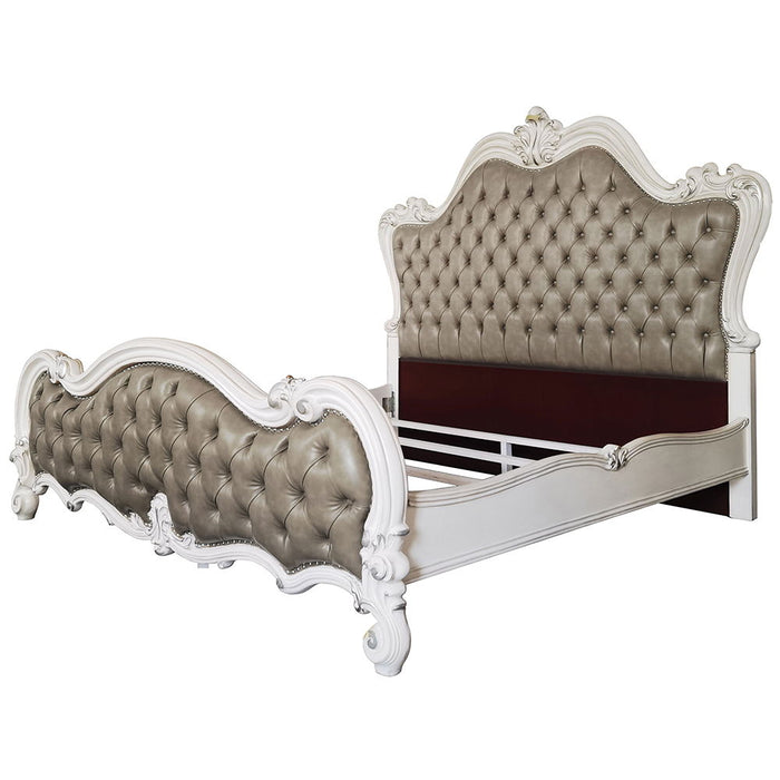 Versailles II - Queen Bed - Vintage Gray Synthetic Leather & Bone White