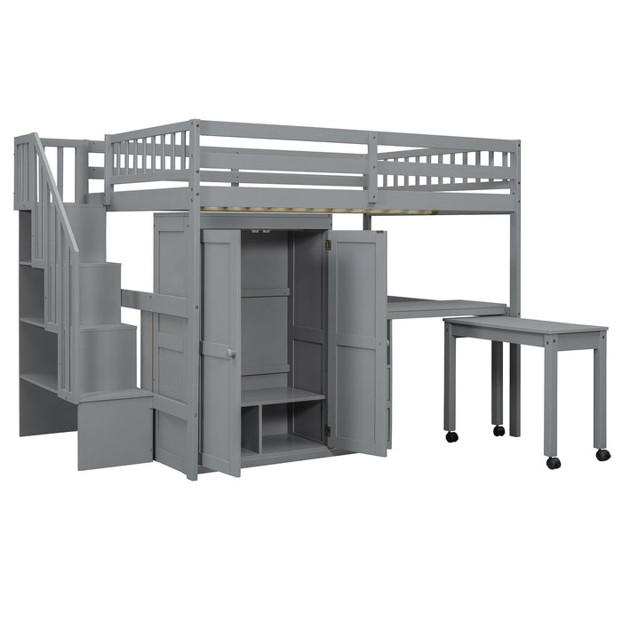 Loft Bed With Stairs, Bookshelf, Drawers, Desk & Wardrobe, Space Saving Multifunctional Furniture
