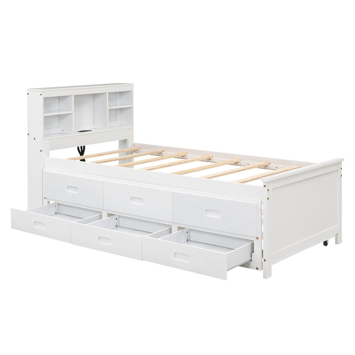 Platform Bed With Storage Headboard, USB, Trundle And 3 Drawers
