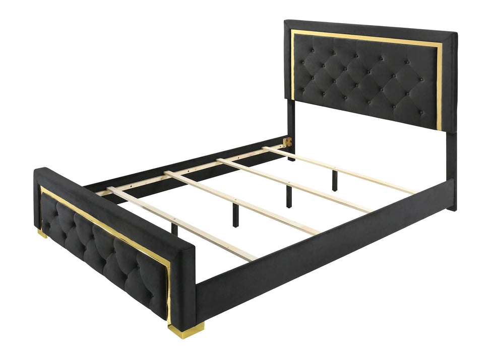 Contemporary Glam King Black Fabric Upholstered Panel Bed Black Fabric Gold Legs Bedroom Furniture