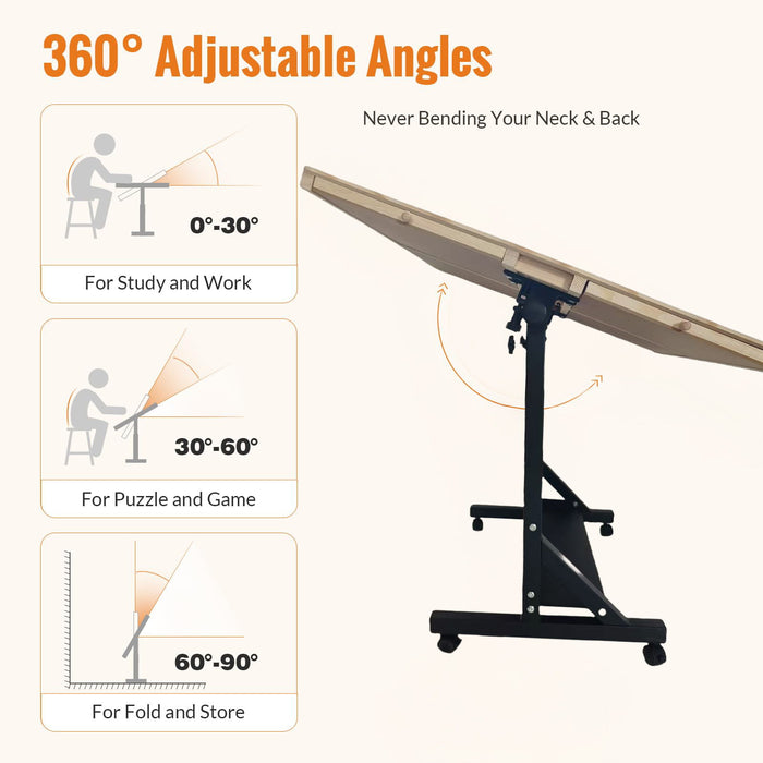 360 Degree Tilting Wooden Puzzle Table With 1500 Pieces, Rolling Design With Adjustable Height, Drawer, And Protective Cover - Black / Natural Wood