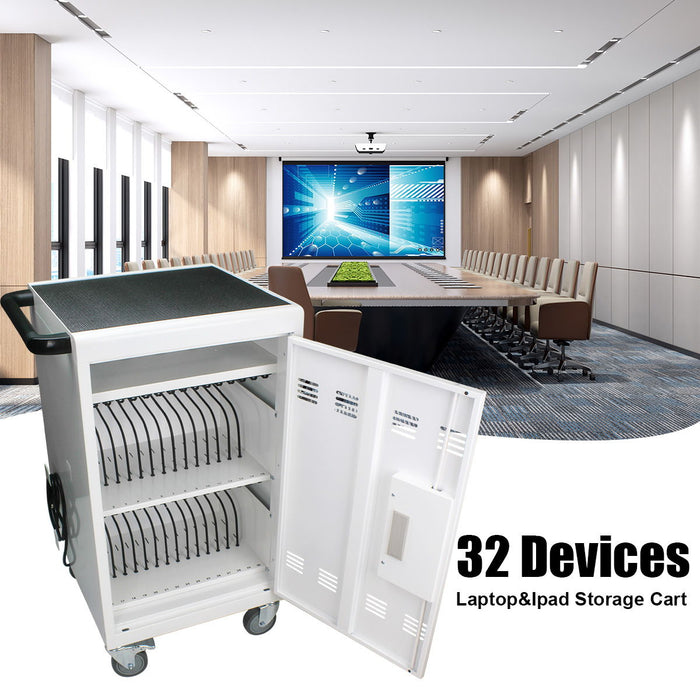 Mobile Charging Cart And Cabinet For Tablets Laptops 30 - Device With Combination Lock - White